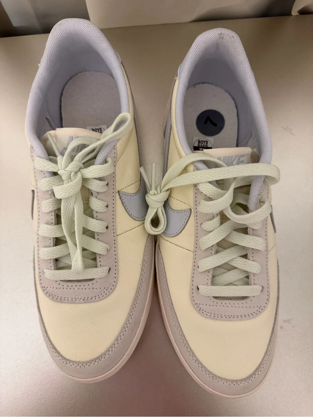 Nike Youth Low-Top Sneakers - Cream Upper with Light Blue Swoosh